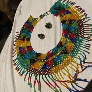 Vibrant Multicolored Beaded Collar Necklace with Fringes